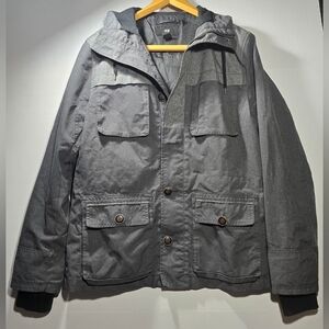 H&M 38R Gray Hoded Utility Jacket Pockets Zip & Button Closure